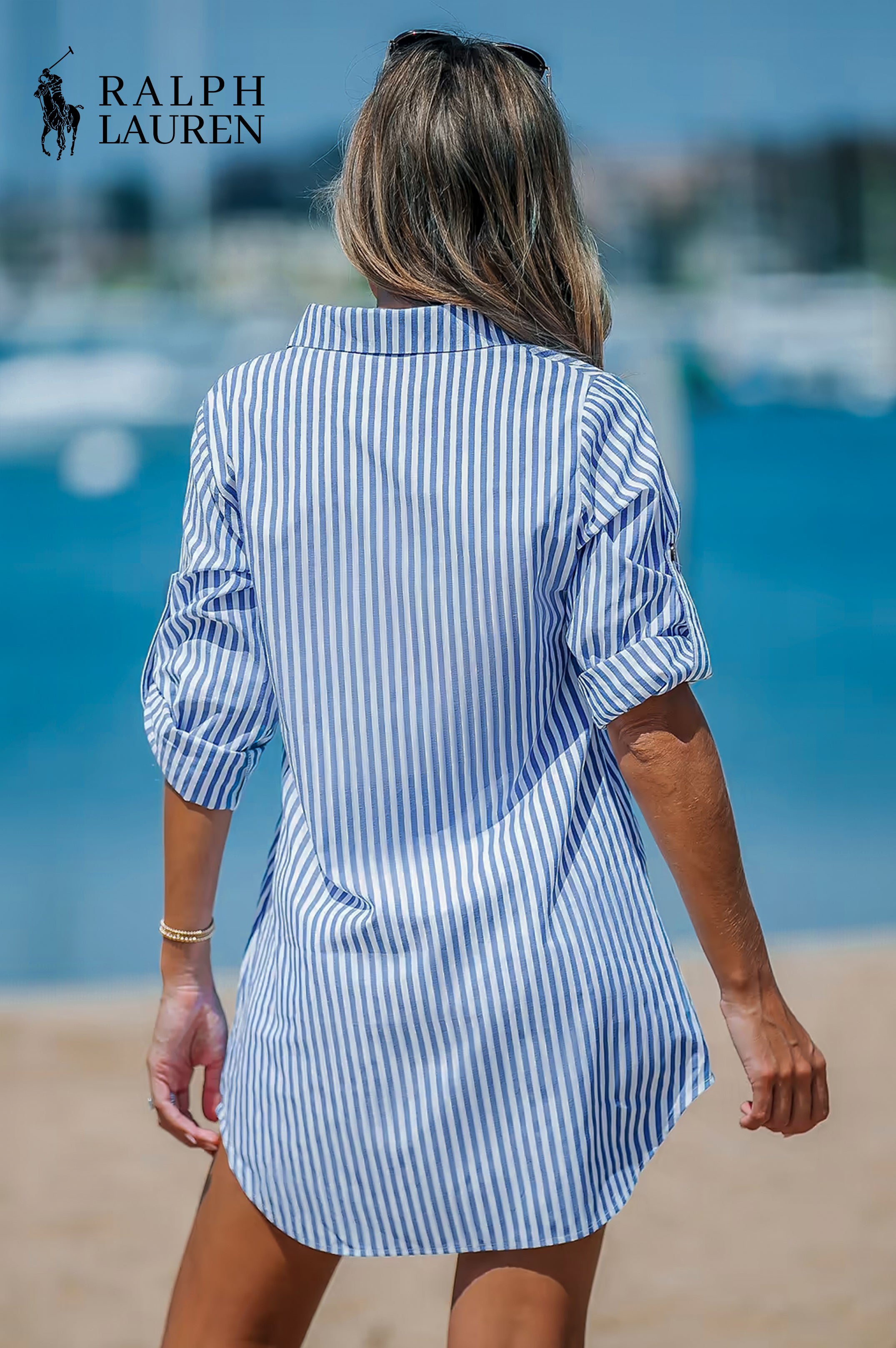 RL-Robe Chemise Femme à Rayures avec Décolleté en V