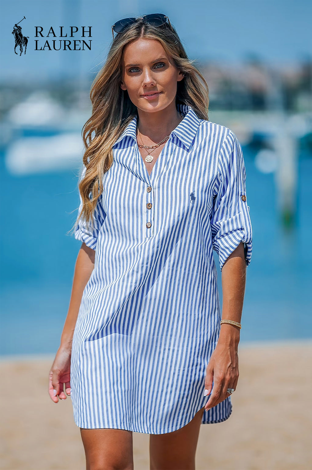 RL-Robe Chemise Femme à Rayures avec Décolleté en V